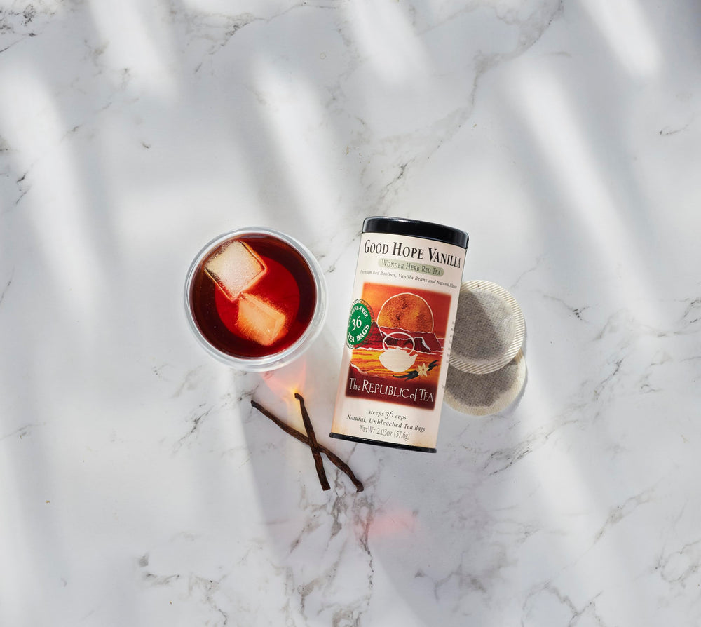 Packaging for The Republic of Tea Good Hope Vanilla Red Tea highlights vanilla aroma and caffeine-free rooibos.