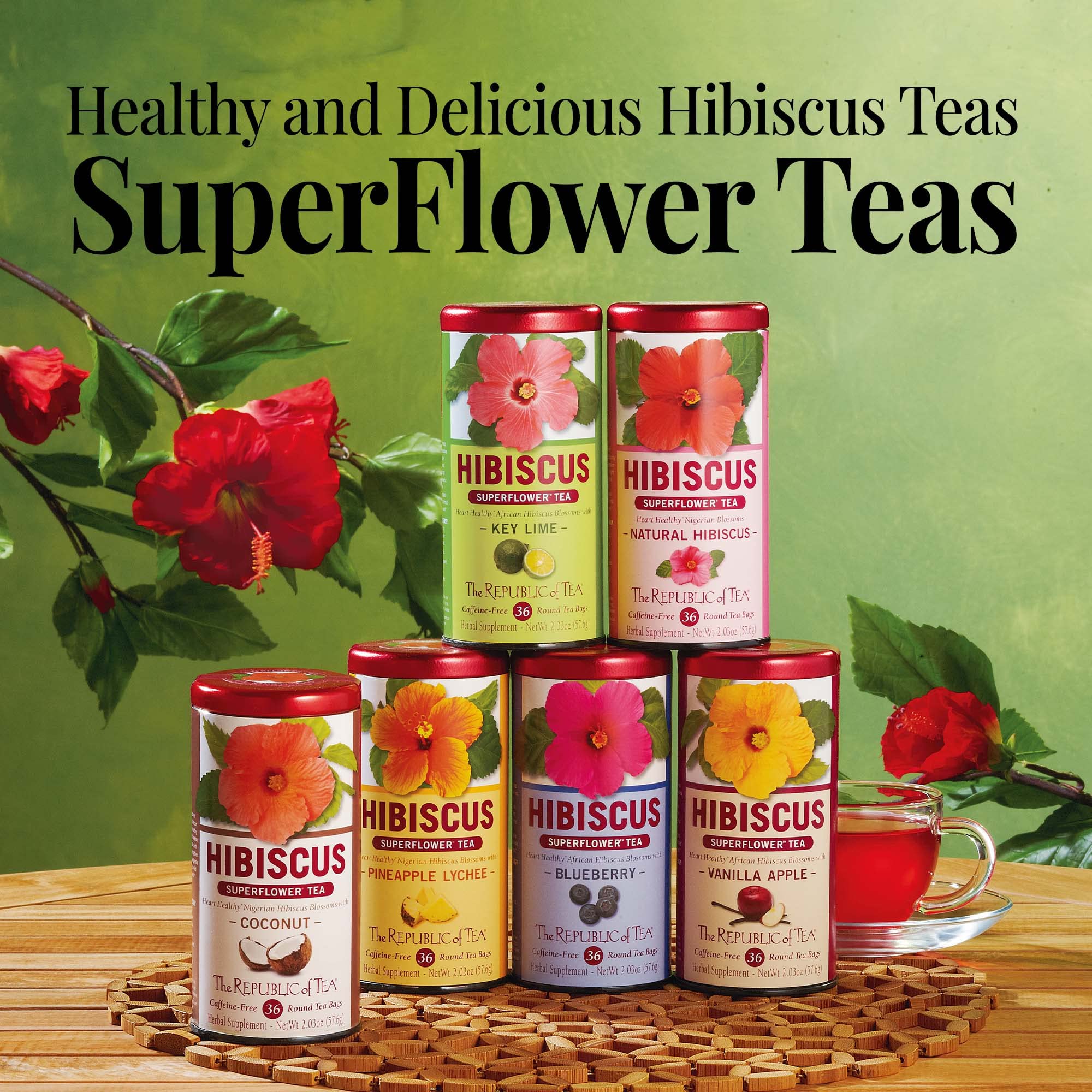 The Republic of Tea tin packaging for Hibiscus Blueberry Superflower, premium herbal blend.