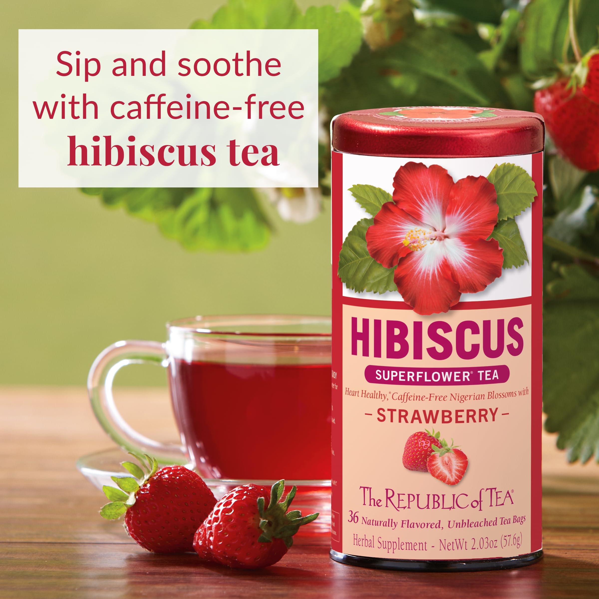 The Republic of Tea hibiscus strawberry tea steeping to a bold crimson color