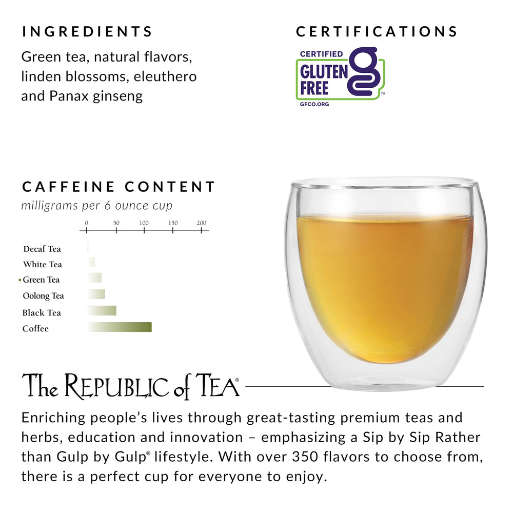 Steaming cup of The Republic of Tea honey ginseng green tea.