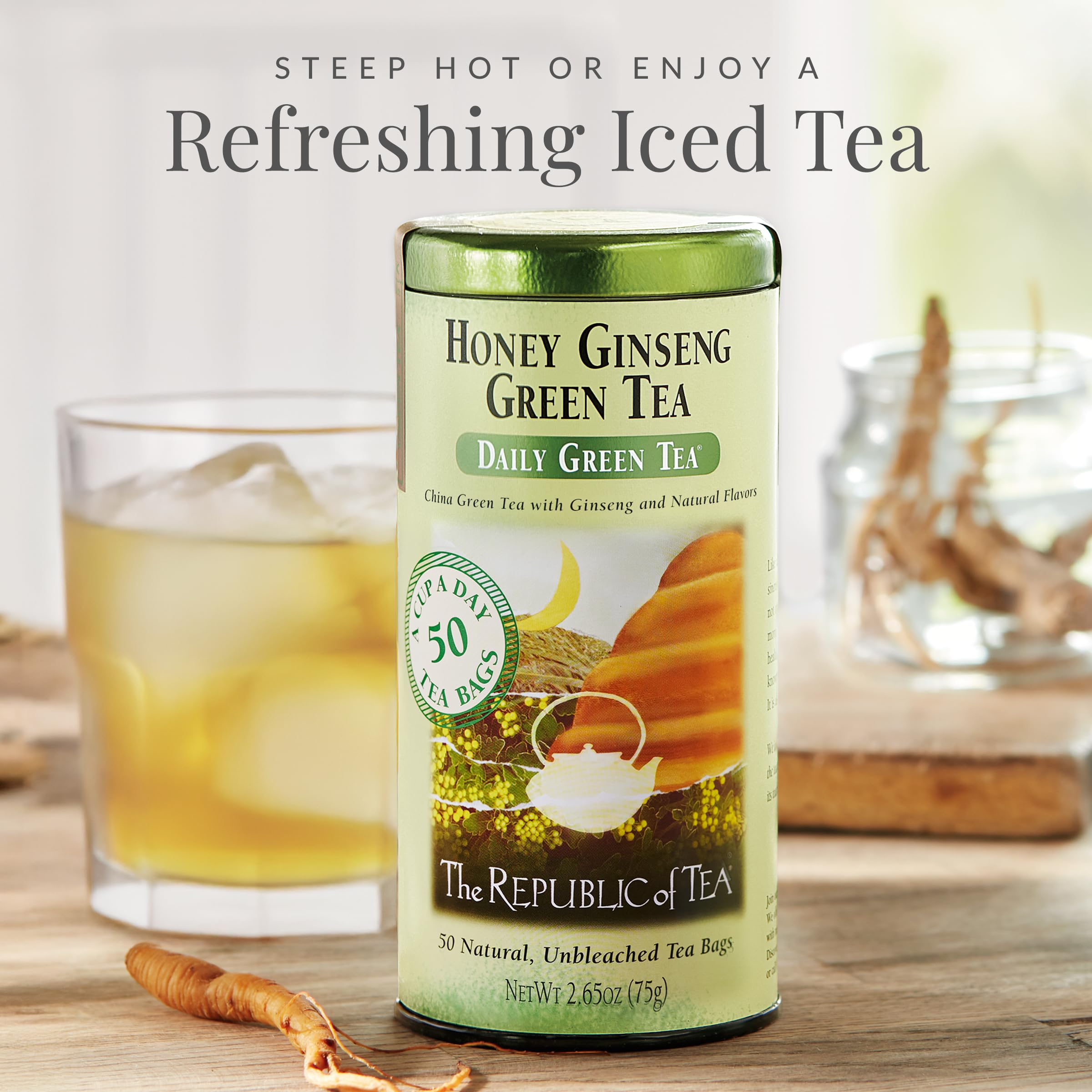 Ginseng root imagery with The Republic of Tea blend.