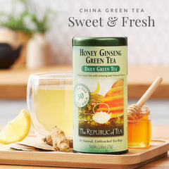 Brewing cup of The Republic of Tea honey ginseng green tea with a gentle lift.