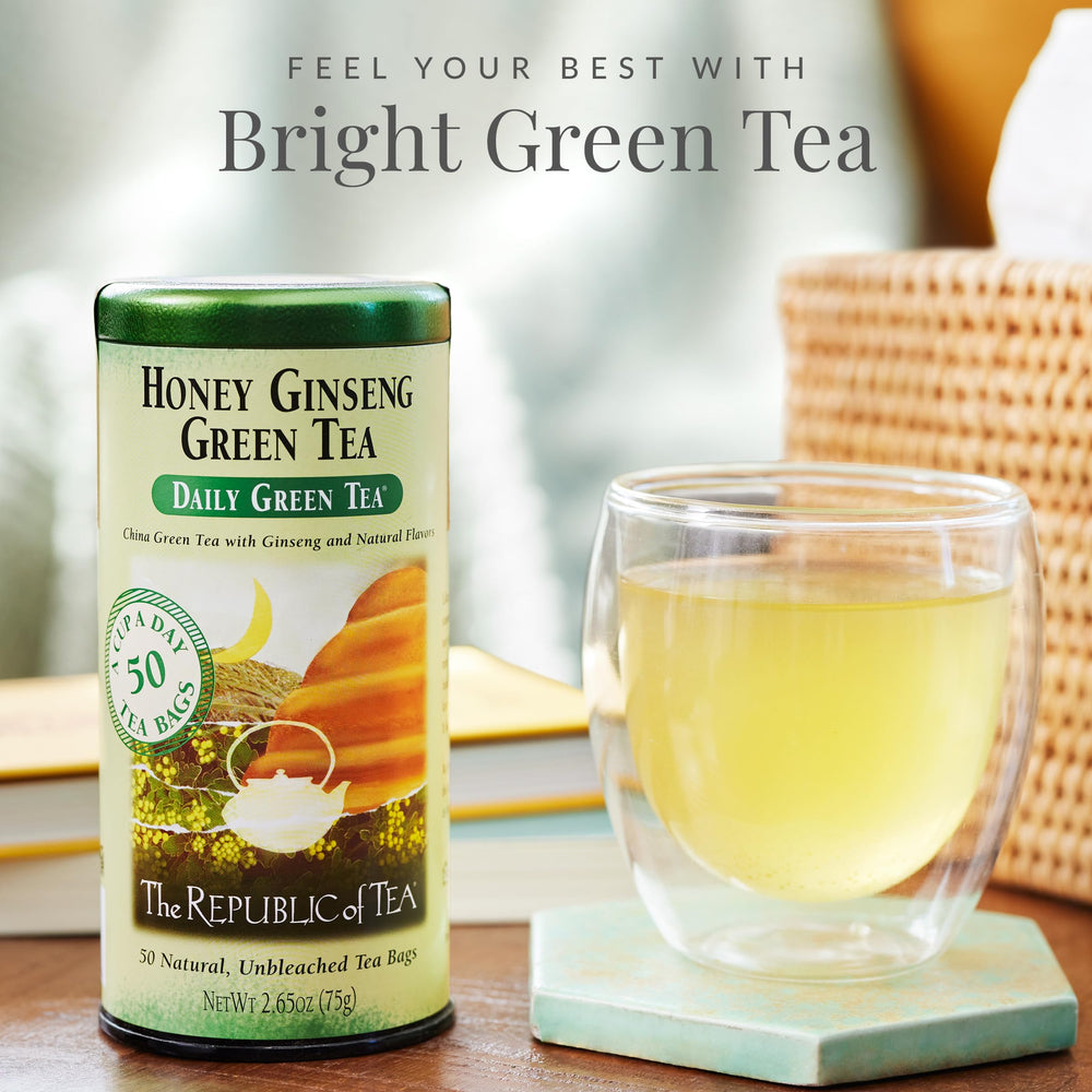 Close-up of The Republic of Tea honey ginseng green tea bags for a soothing afternoon break.