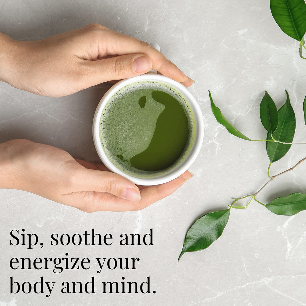 The Republic of Tea matcha powder close-up showing bright green texture ideal for ceremonial whisking.