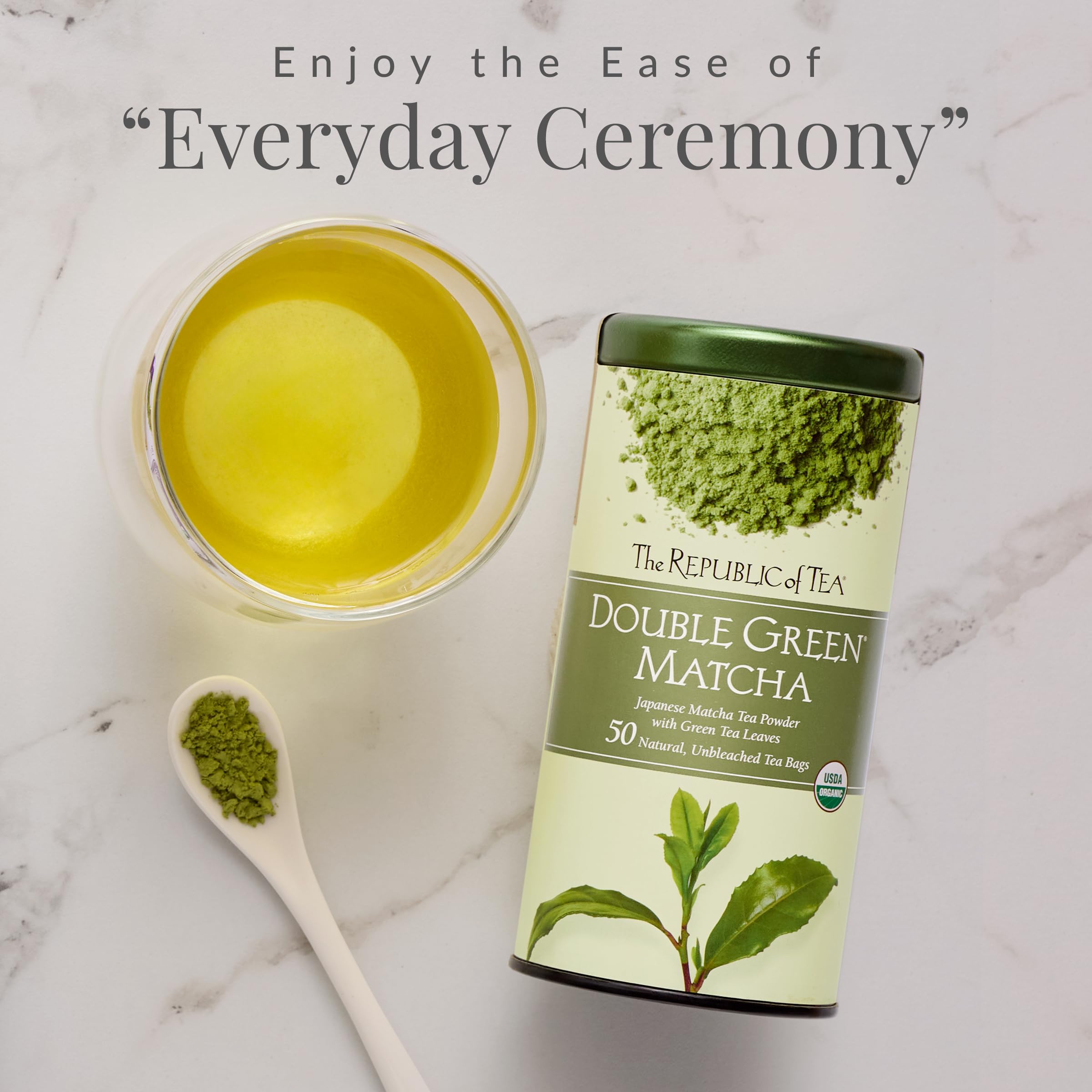 The Republic of Tea Organic Double Green Matcha tea bags in reusable tin canister.