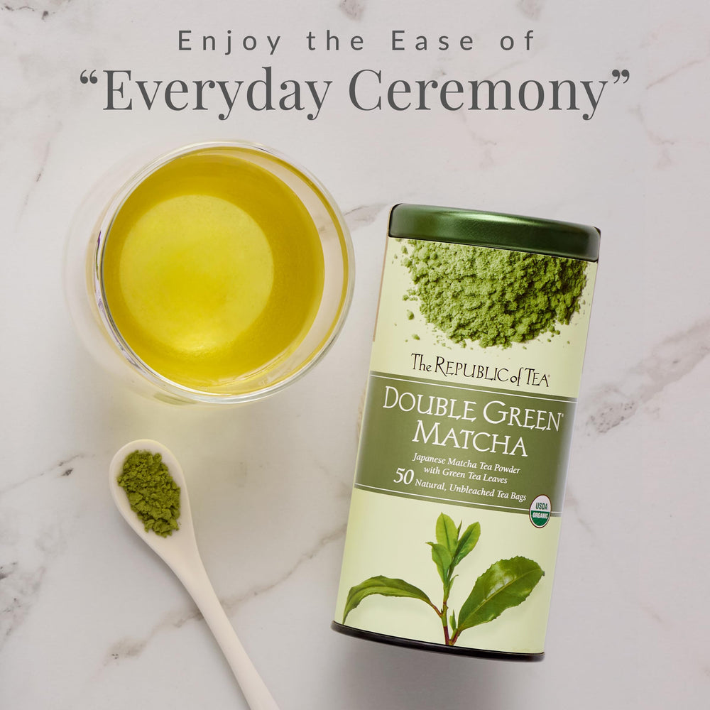 The Republic of Tea Organic Double Green Matcha tea bags in reusable tin canister.