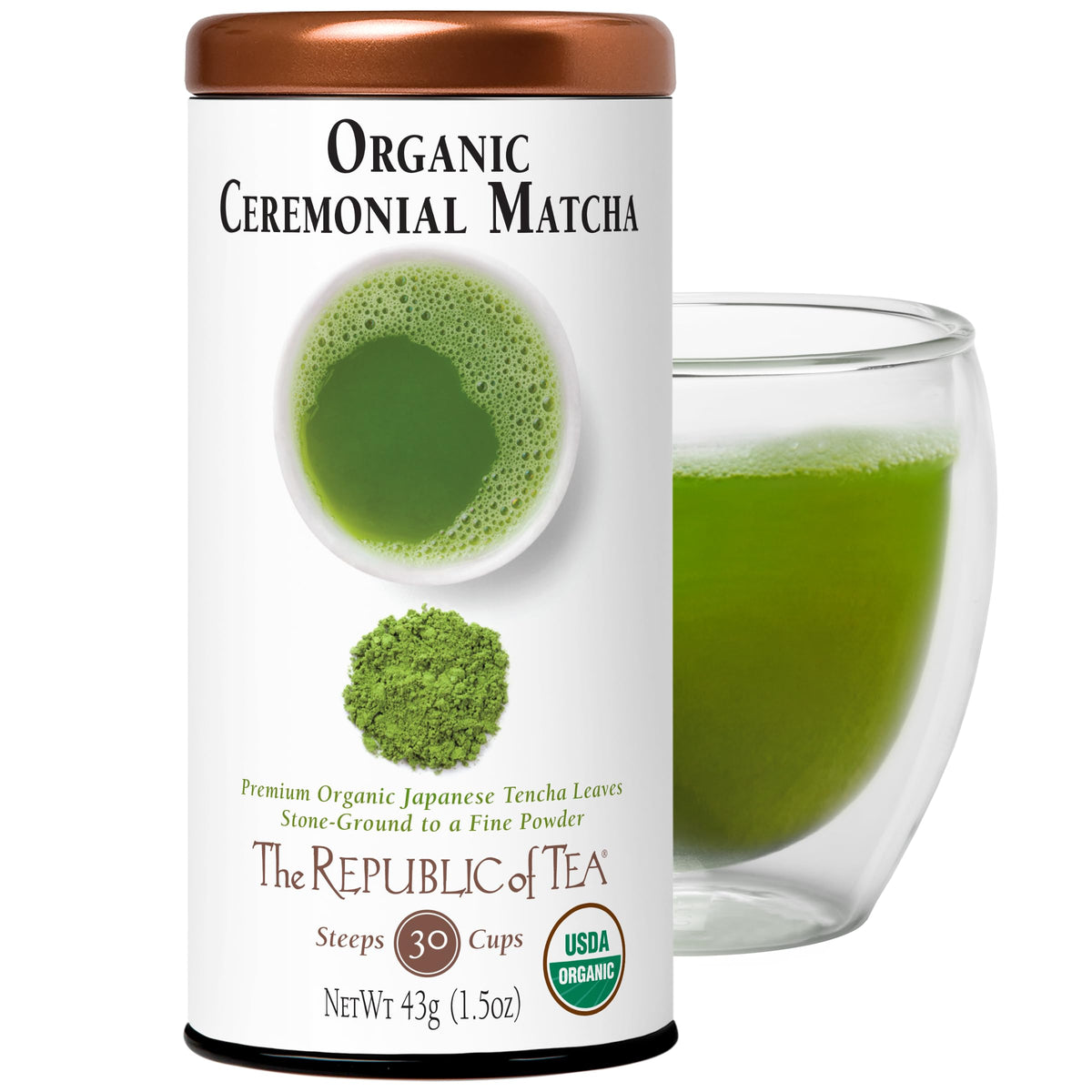The Republic of Tea organic matcha tin close-up highlighting premium packaging and organic quality.