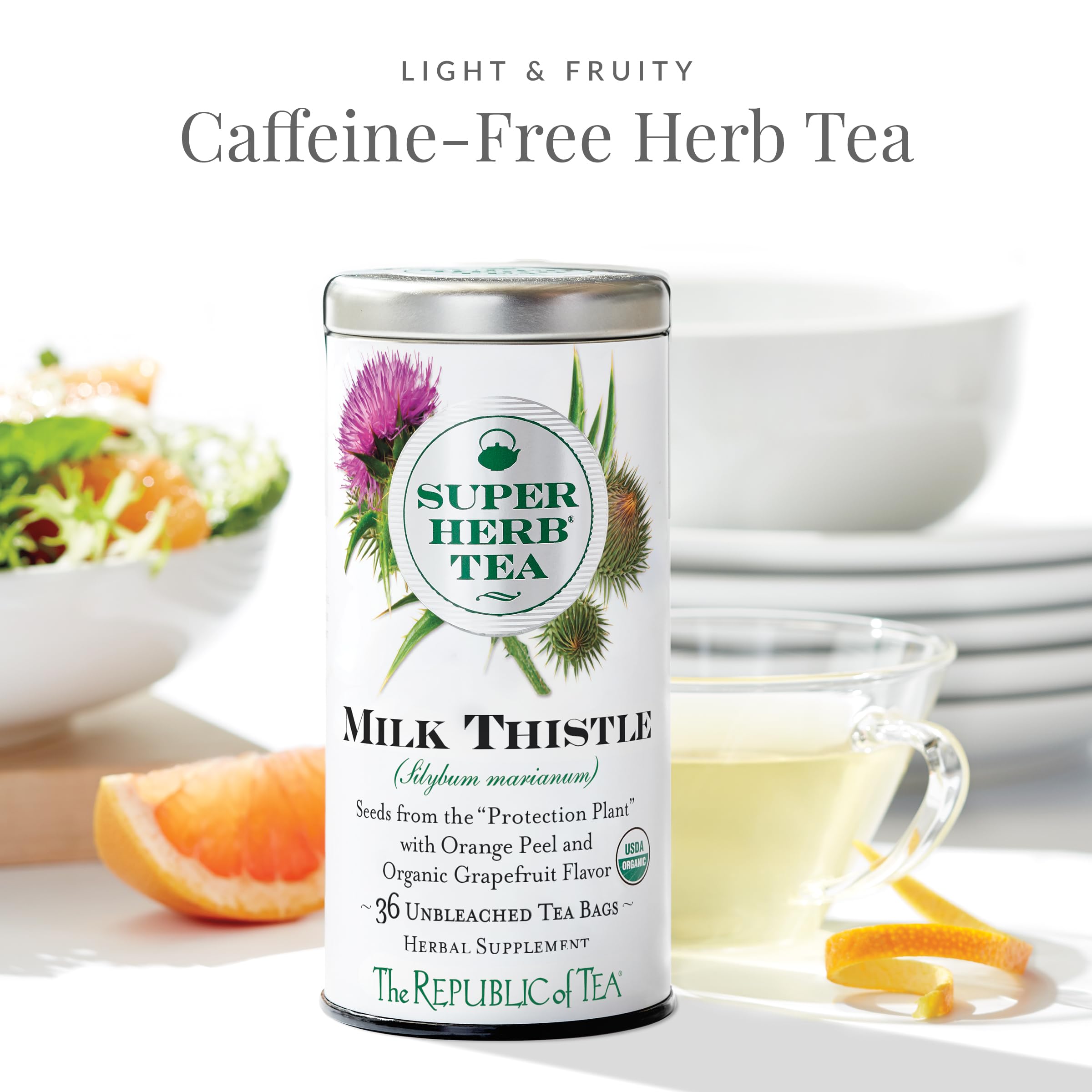 The Republic of Tea organic milk thistle tin on shelf supports daily caffeine-free sipping