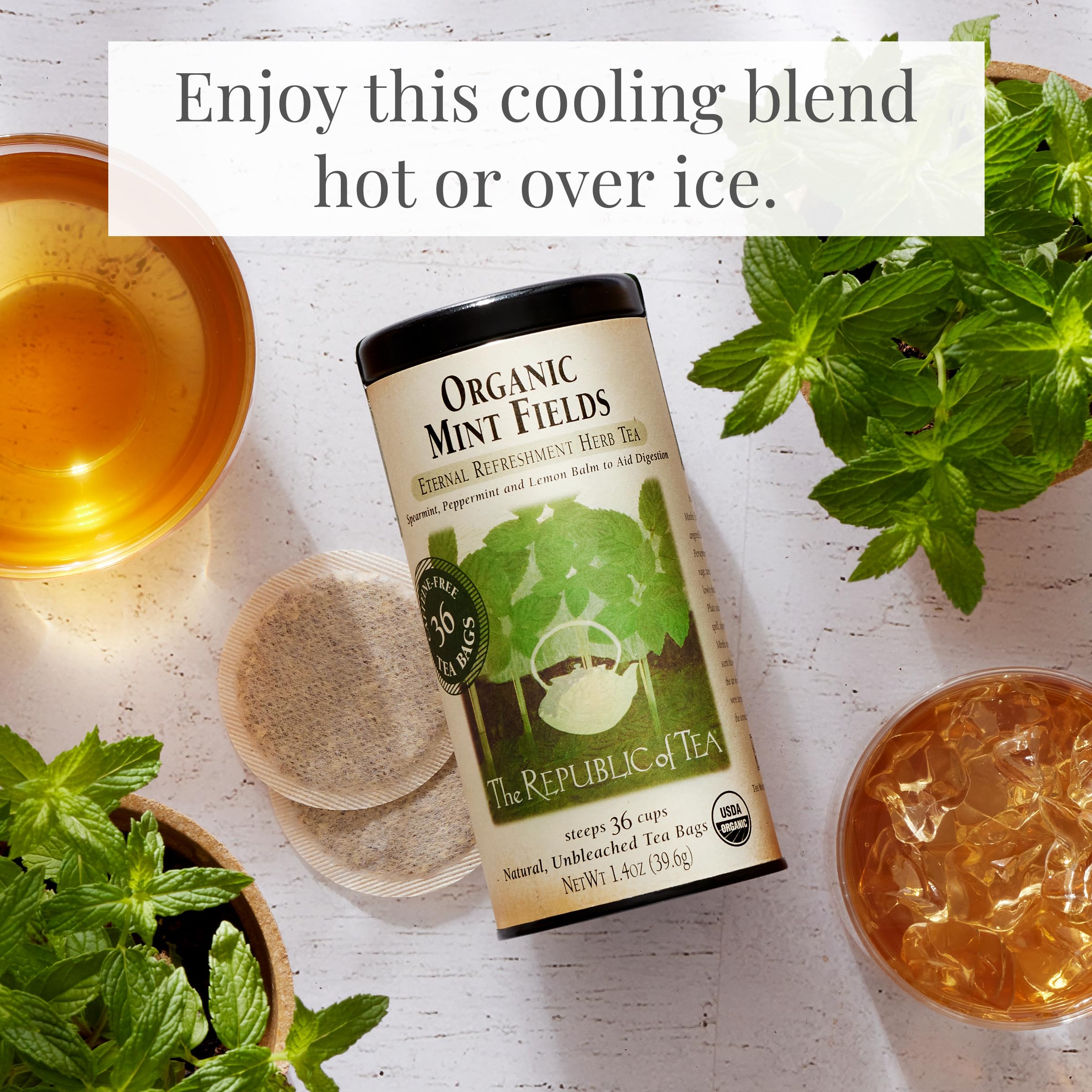 The Republic of Tea Mint Fields iced cup for cooling refreshment.