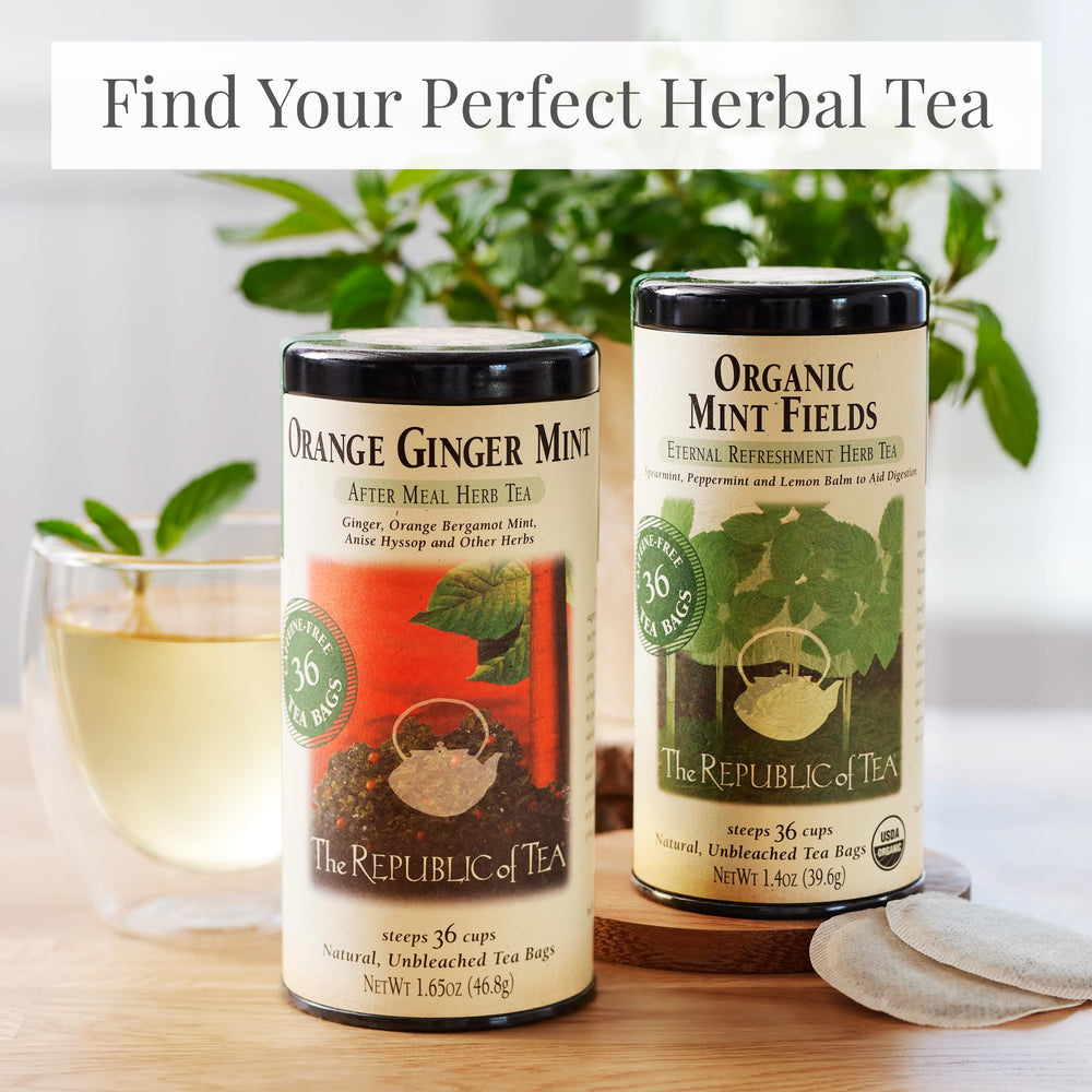 The Republic of Tea Mint Fields ingredients pack highlighting organic mint and balm.