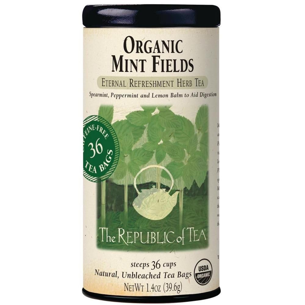 The Republic of Tea Organic Mint Fields tea bags close-up, refreshing afternoon ritual.