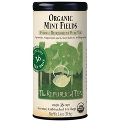 The Republic of Tea Organic Mint Fields tea bags close-up, refreshing afternoon ritual.
