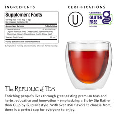 The Republic of Tea organic rooibos leaves form a rich caffeine-free base.