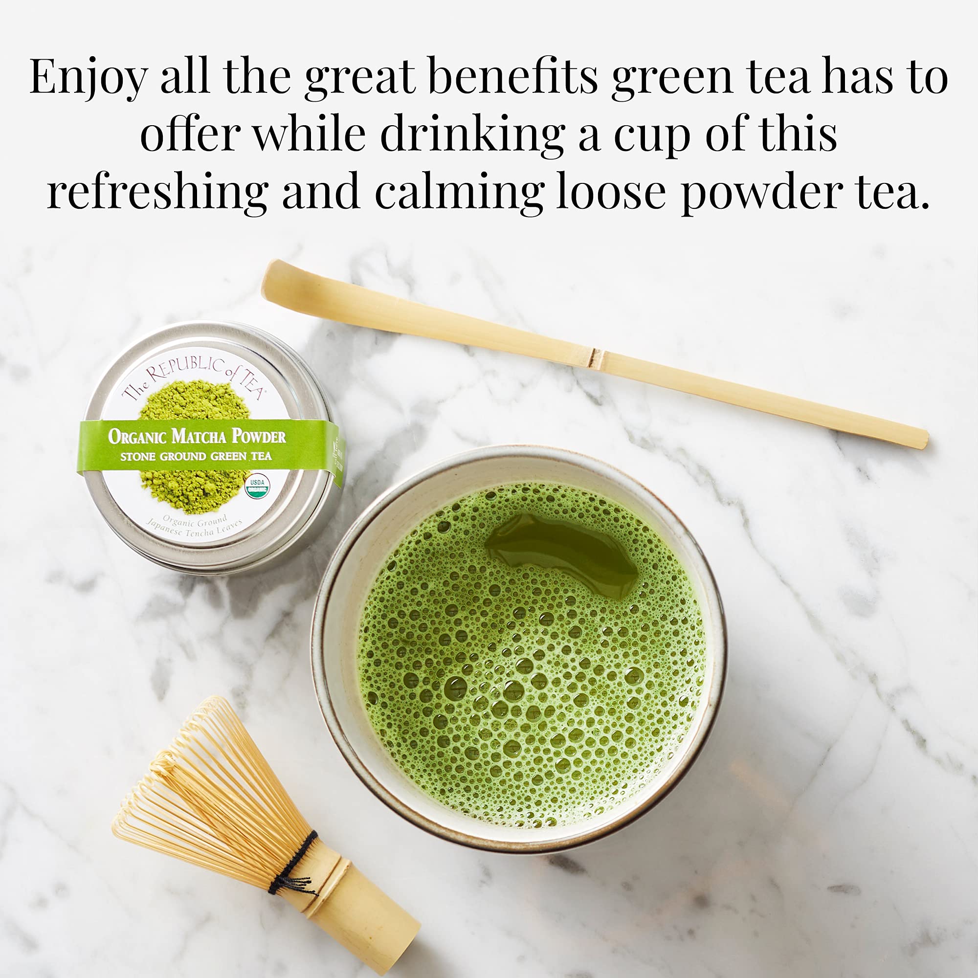 The Republic of Tea organic tencha leaves display premium source for high-quality matcha.