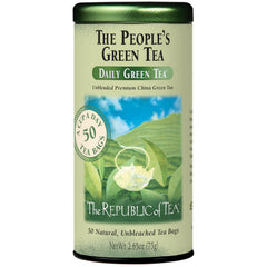 The Republic of Tea Peoples Green Tea tin with 50 sachets for a balanced afternoon pick-me-up.