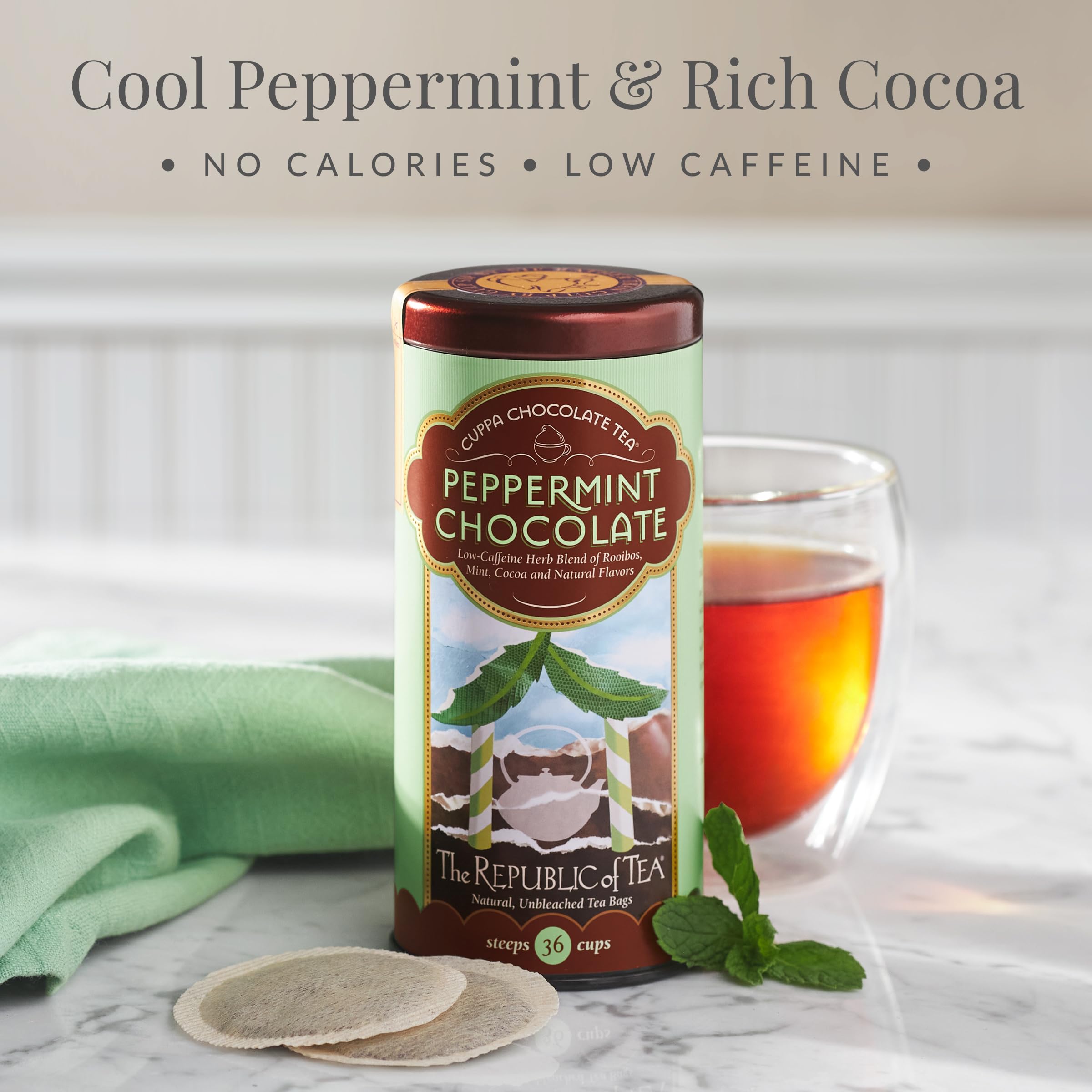 Peppermint Cuppa Chocolate tea bags steeping reveals creamy peppermint aroma
