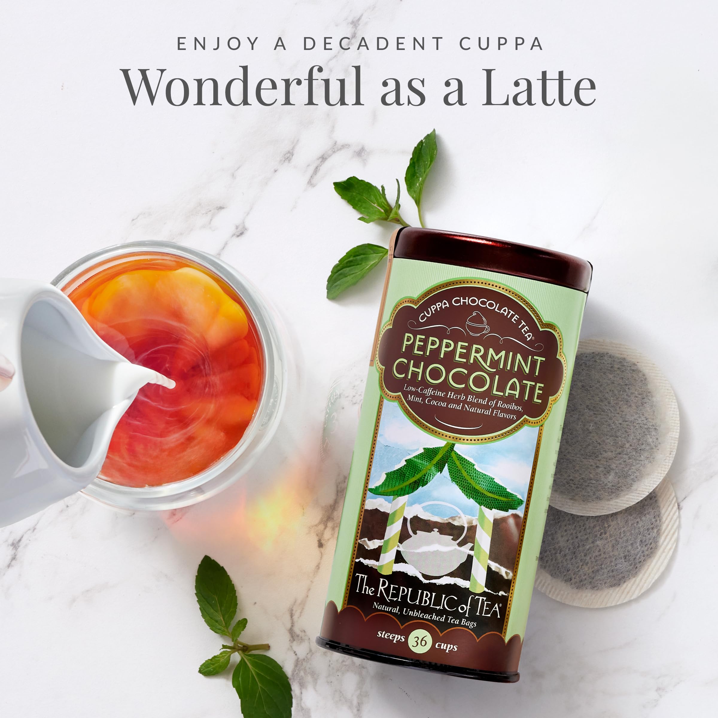 Peppermint Cuppa Chocolate tea cup with milk highlights creamy indulgence