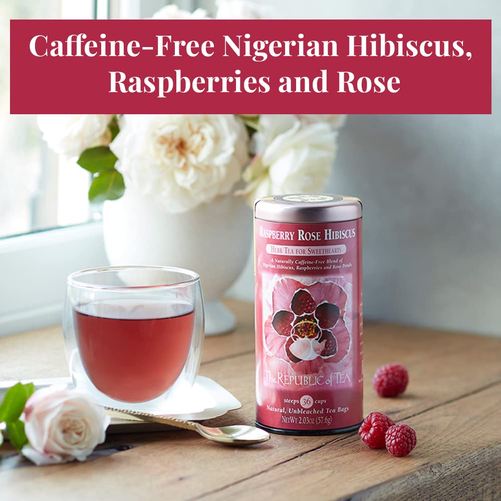 Steeping Raspberry Rose Hibiscus tea bag releases aroma for a fragrant cup.