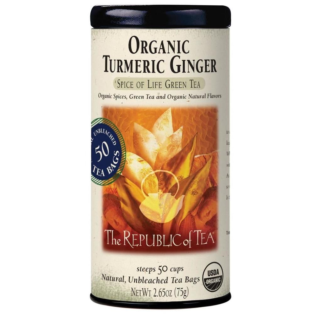 The Republic of Tea turmeric-ginger-green-tea tin offering naturally caffeinated refreshment