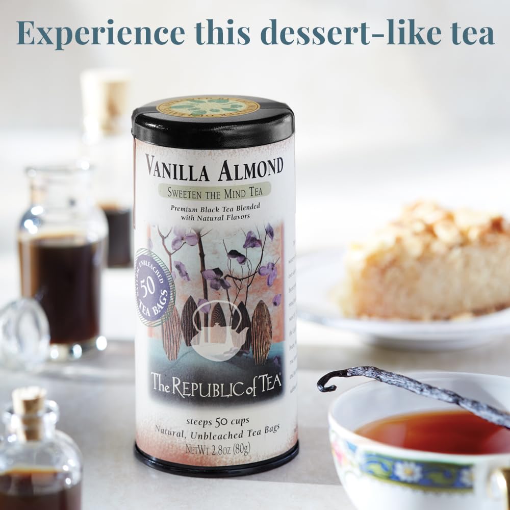 The Republic of Tea Vanilla Almond Black Tea tin top view with premium packaging.