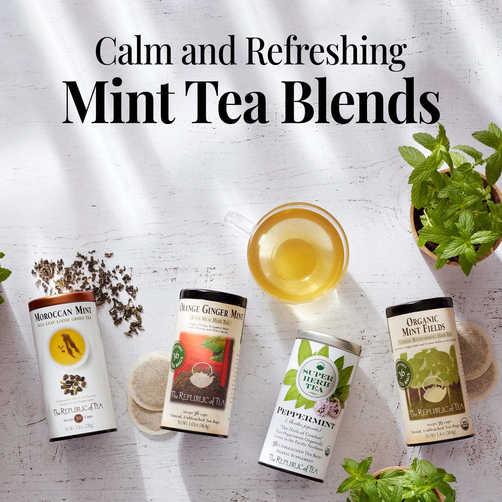 Herbal tea collection visuals featuring orange-ginger-mint flavor lineup.