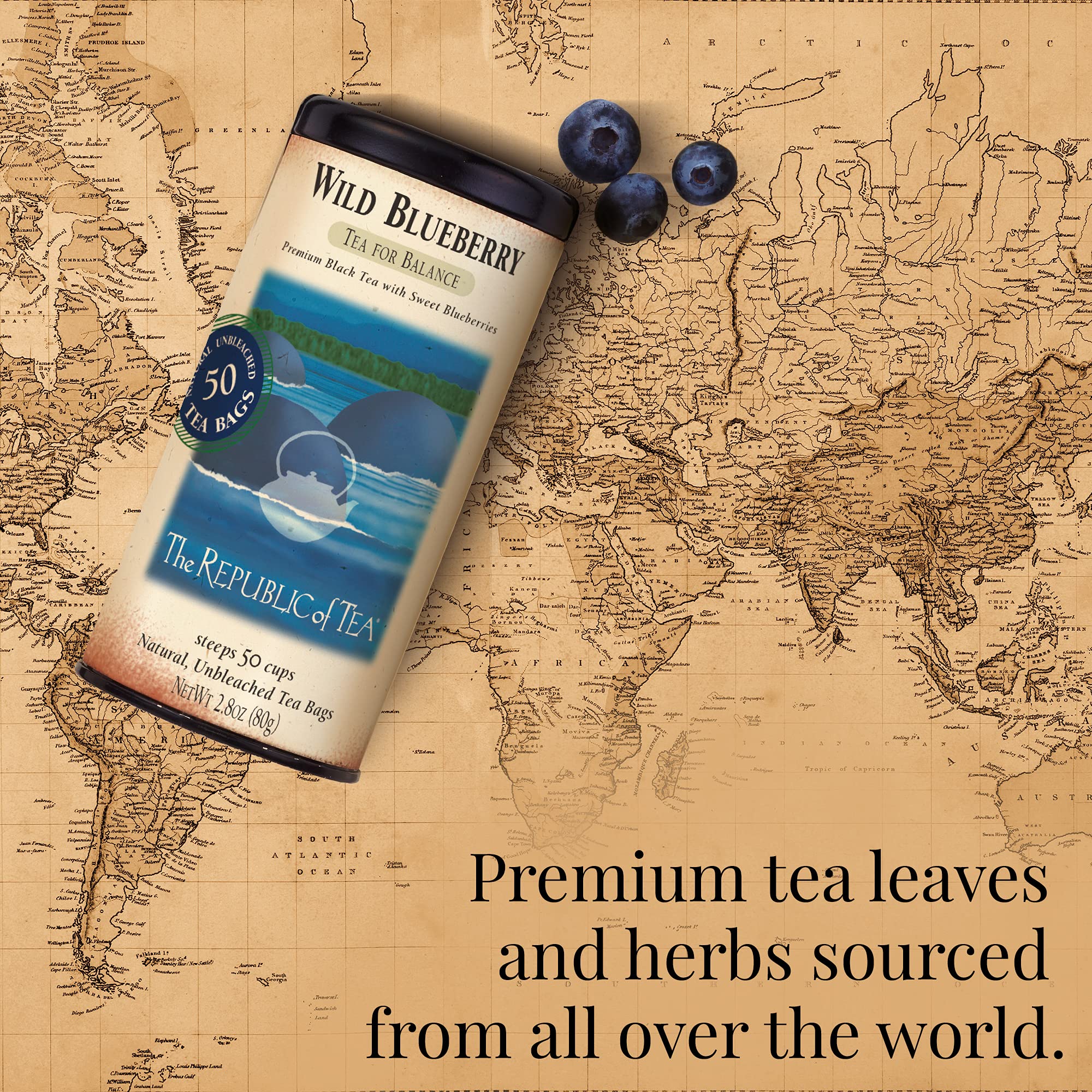 The Republic of Tea Wild Blueberry packaging emphasizes gluten-free and sugar-free attributes