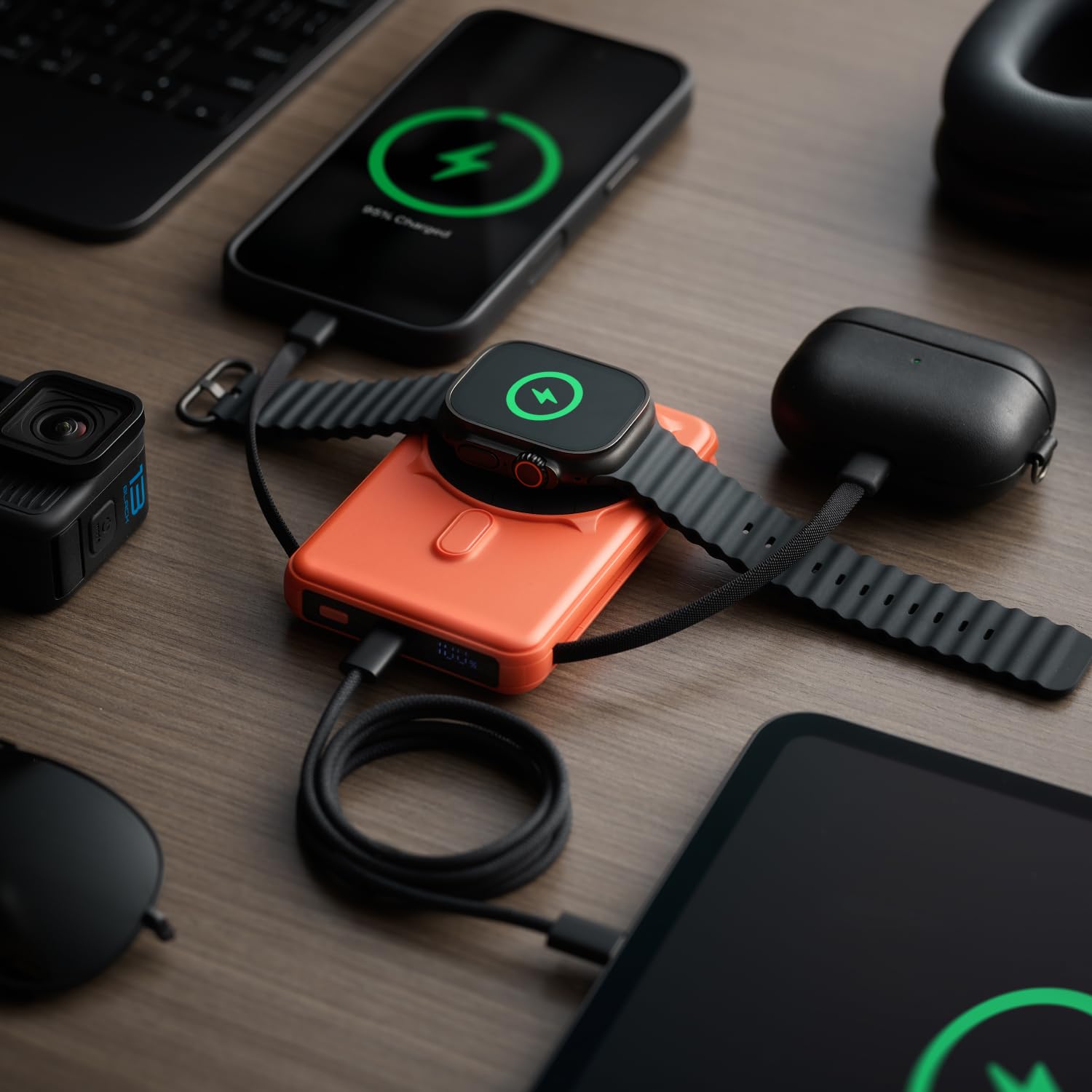The Ridge Magnetic Power Bank durable matte orange finish stands up to daily use.