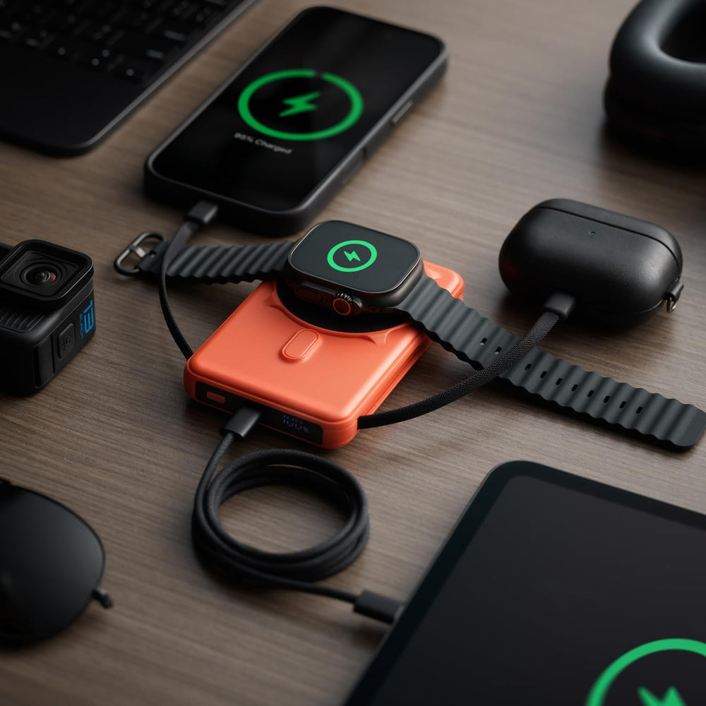 The Ridge Magnetic Power Bank durable matte orange finish stands up to daily use.