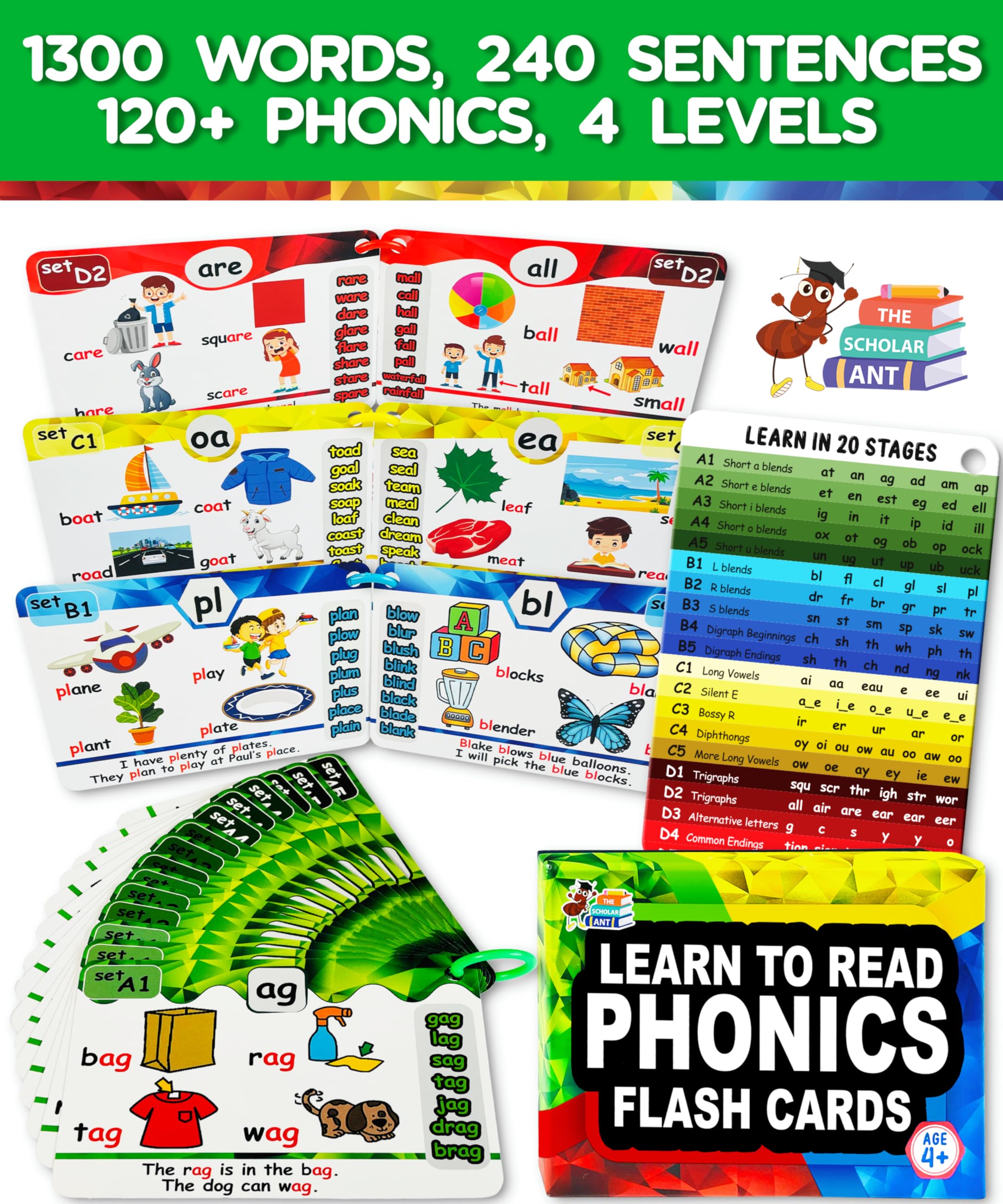 The Scholar Ant digraphs and blends cards aid decoding practice