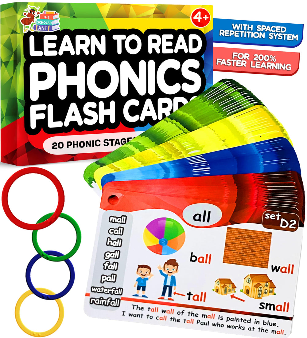 The Scholar Ant phonics flash cards with engaging illustrations boost early reading skills