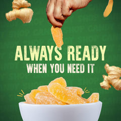 Closeup of The Snackery dried ginger slices highlighting flaky crystallized sugar and chewy bite