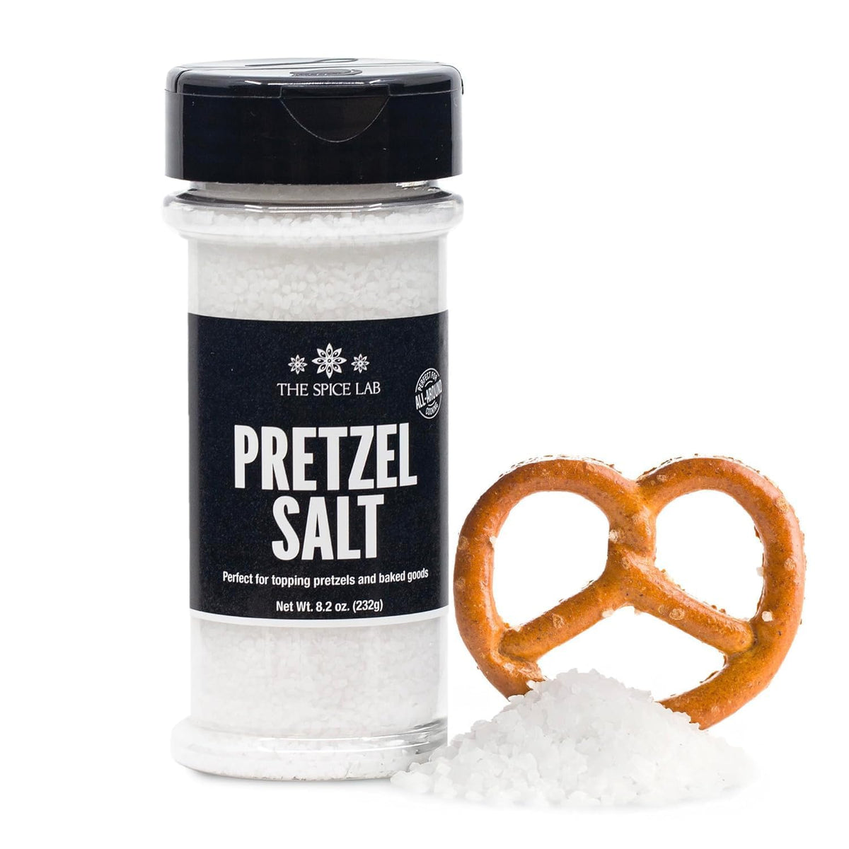 The Spice Lab coarse pretzel salt jar front view, finishing salt for baking.