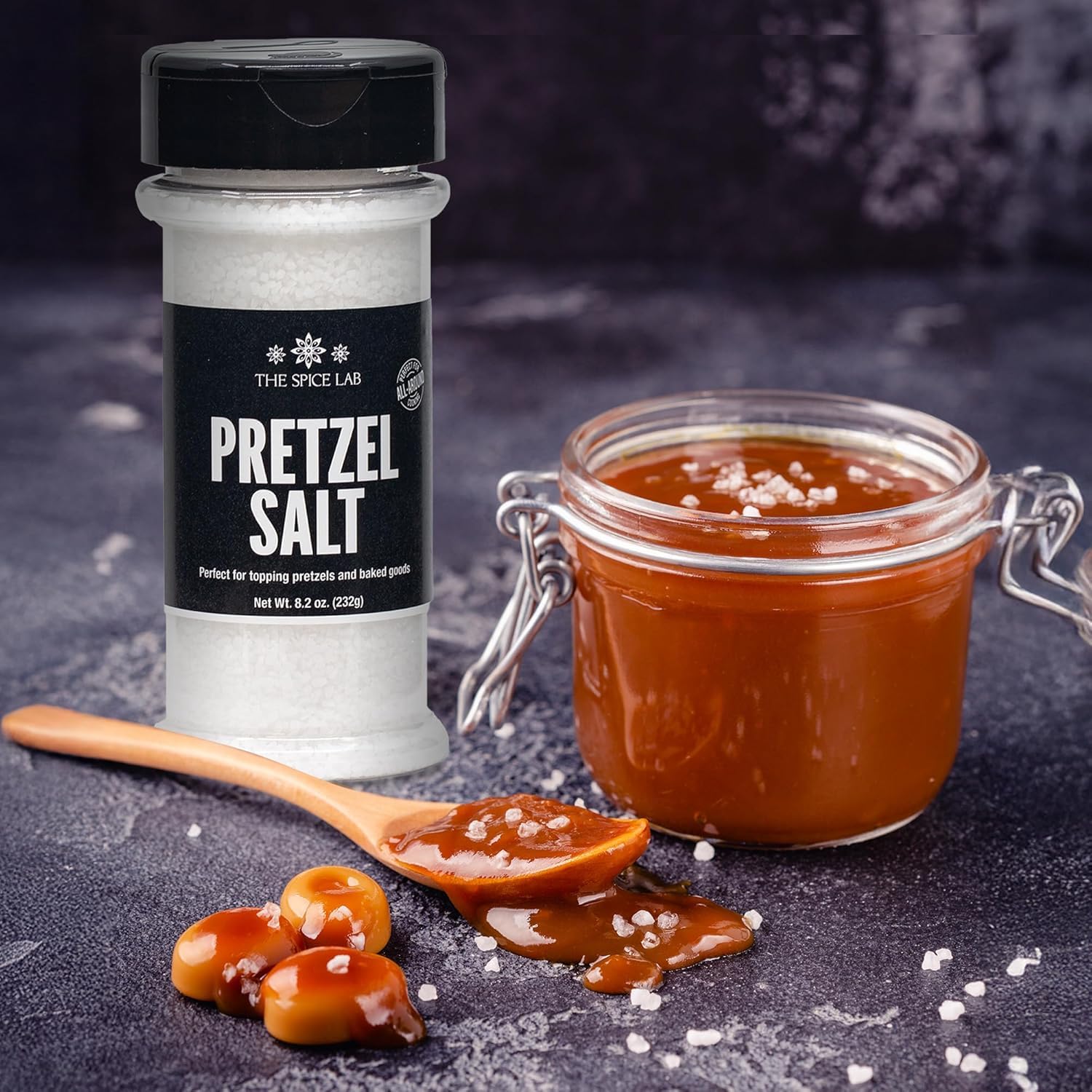 Kosher seal on The Spice Lab coarse pretzel salt packaging.