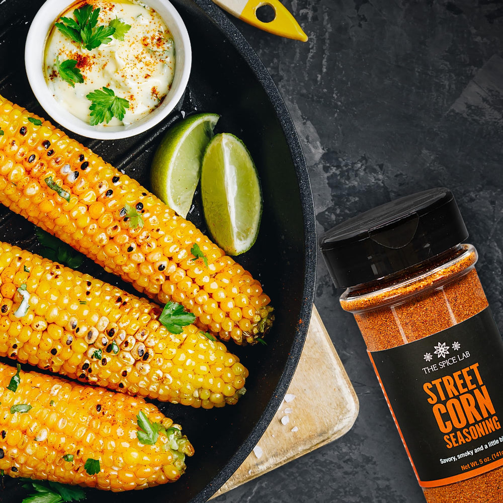 Kitchen scene featuring The Spice Lab elote seasoning jar