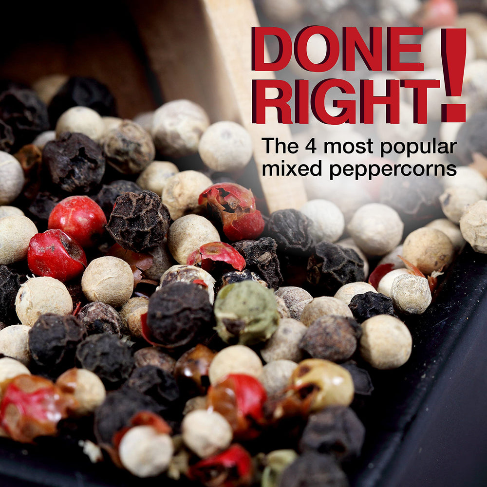 The Spice Lab Rainbow Peppercorns displayed on a kitchen countertop brighten meals.