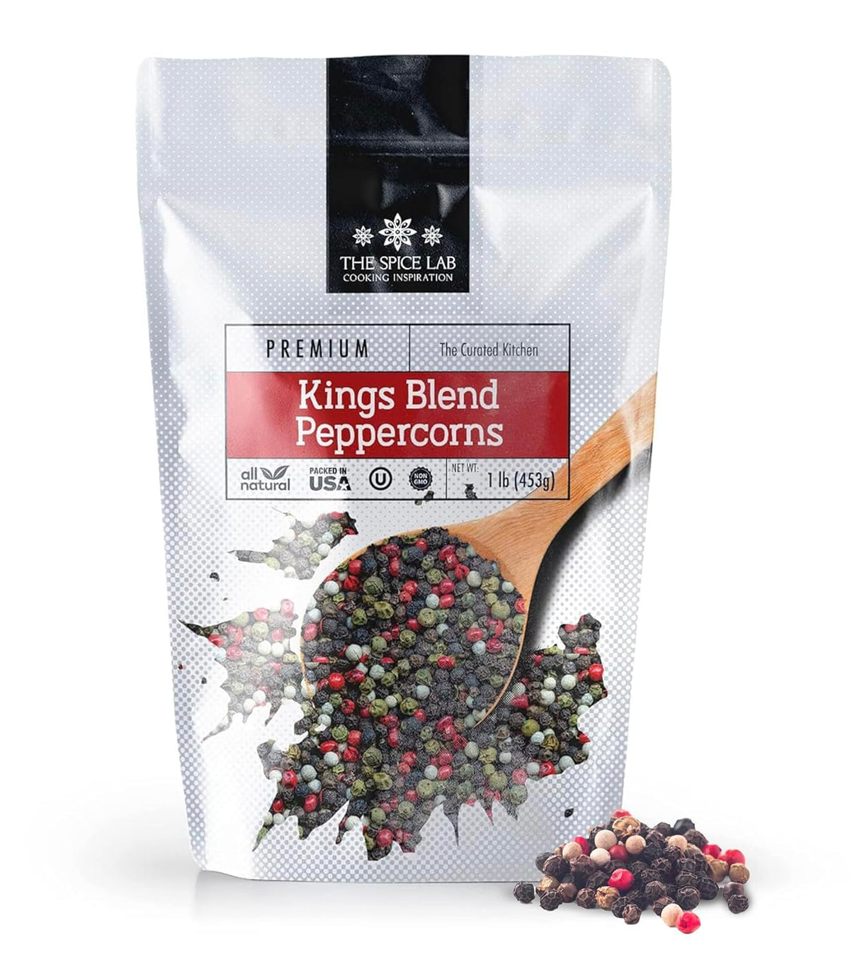 The Spice Lab Rainbow Peppercorns in a 1lb resealable bag for versatile seasoning.