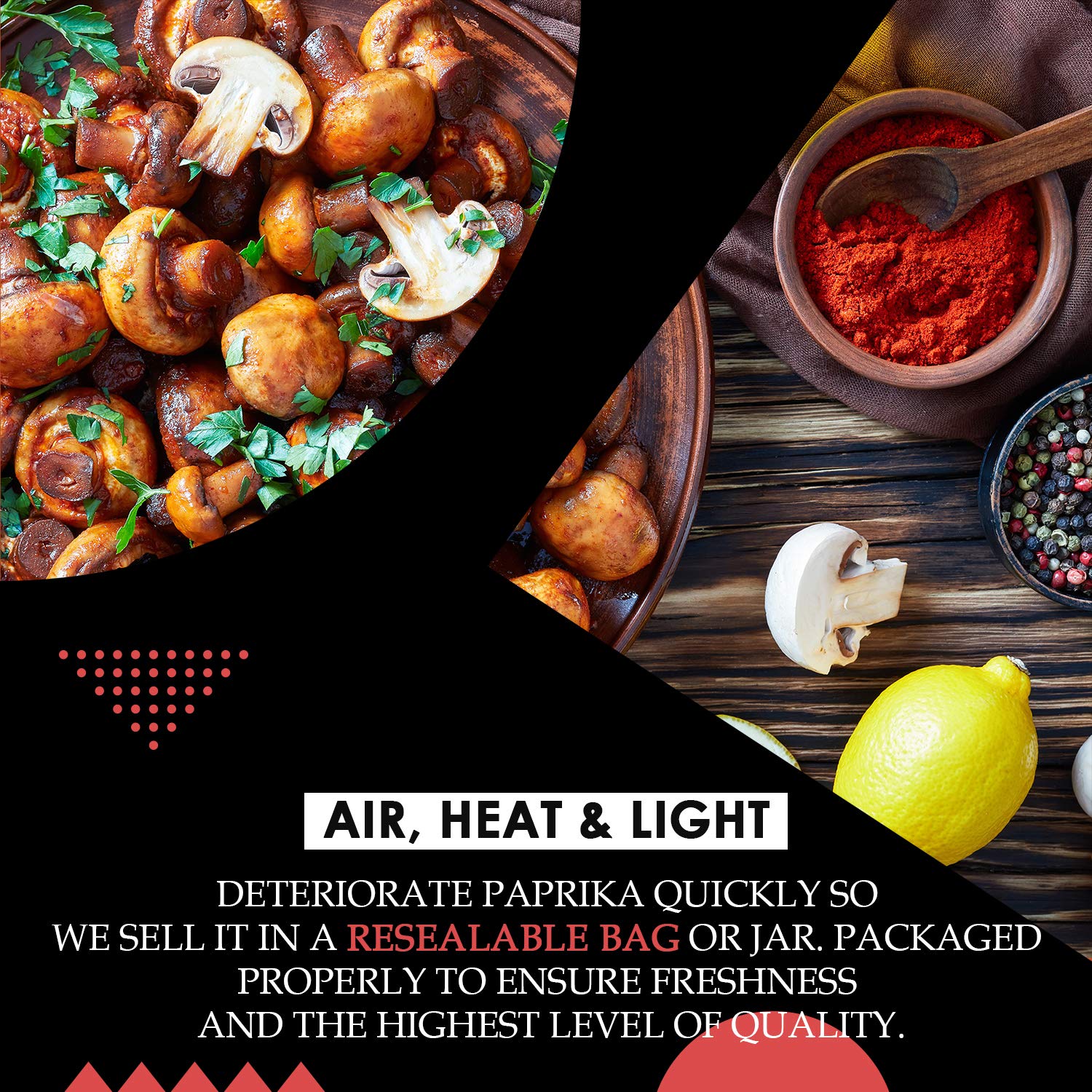 Vibrant paprika dust over paella with The Spice Lab branding.