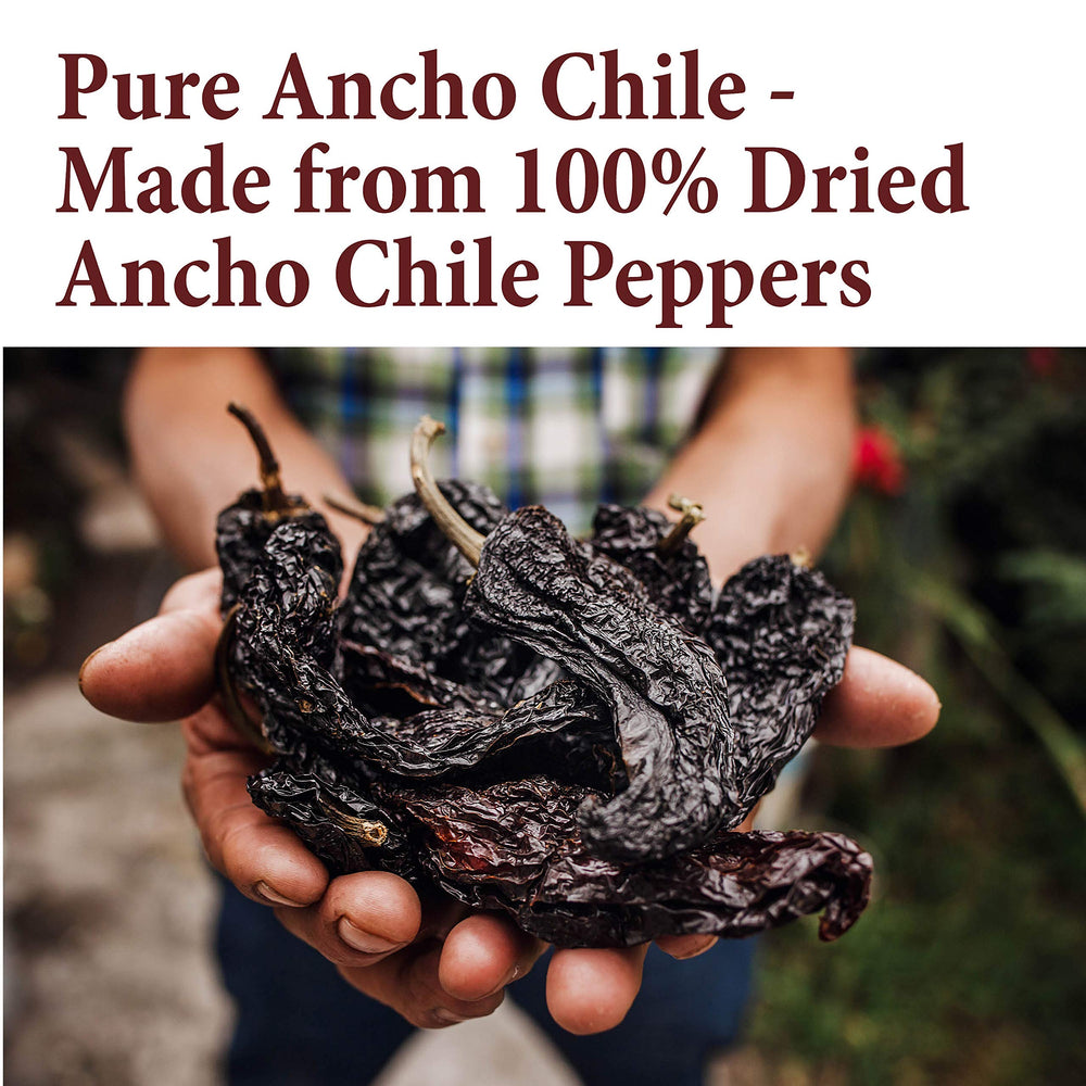 The Spice Way ancho chile powder packaging highlights 100% pure pepper flavor.