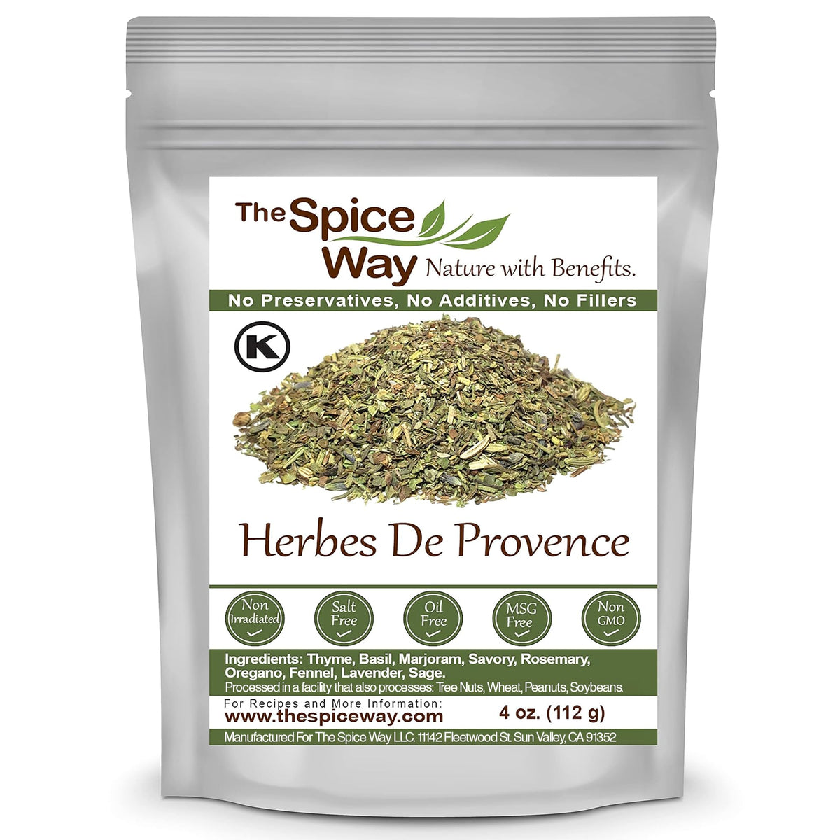 The Spice Way Herbes De Provence jar label highlighting a versatile multi-herb blend.