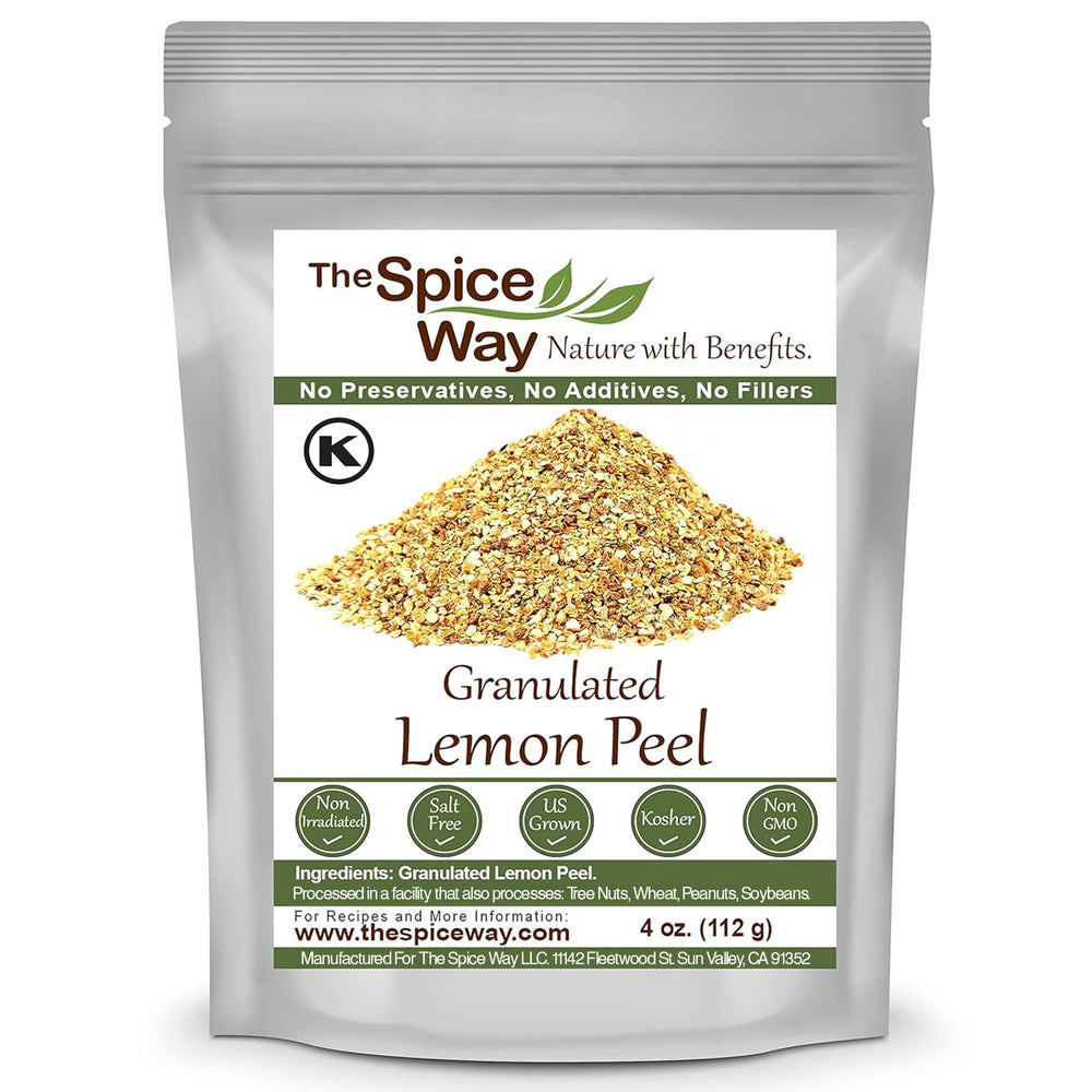 The Spice Way lemon peel granules in a jar for fresh lemon flavor in cooking.