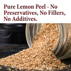 The Spice Way lemon zest granules closeup highlighting bright aroma.