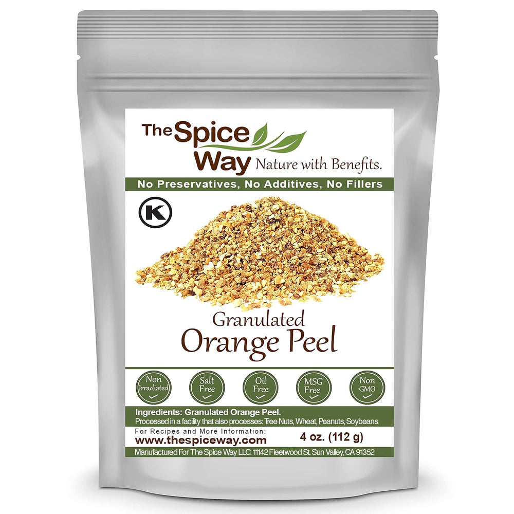The Spice Way orange peel granules in a bottle add bright flavor to cooking and baking.