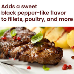 Pink Peppercorns sprinkled over dish brighten savory profiles.