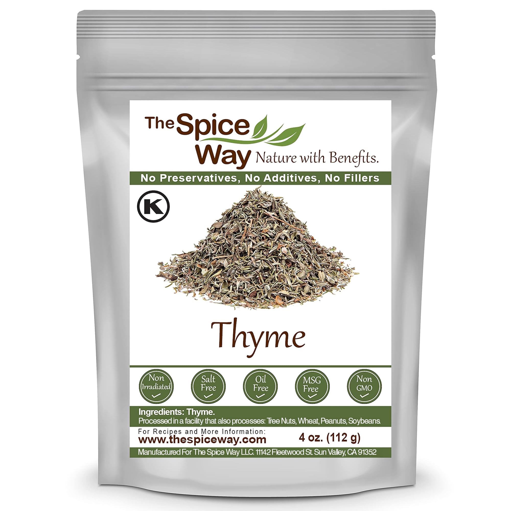 The Spice Way Thyme Leaves bag closeup for versatile poultry and vegetables
