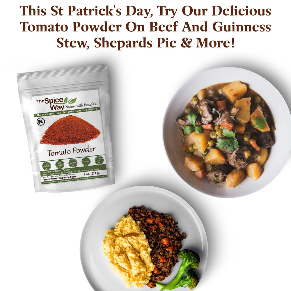 The Spice Way Tomato Powder farm-to-table heritage appears in field imagery.