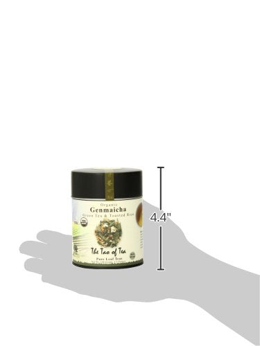 The Tao of Tea Genmaicha tin packaging label, convenient loose leaf option.