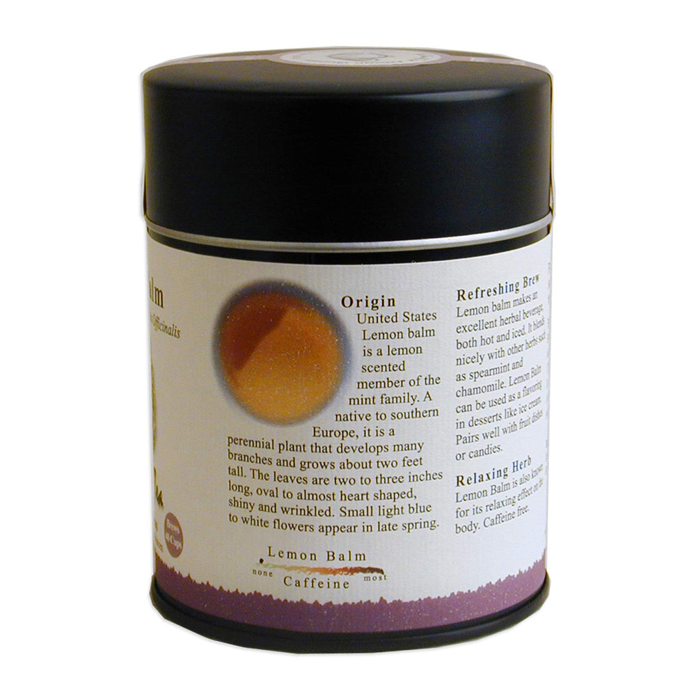 The Tao of Tea lemon balm organic leaves in tin packaging.