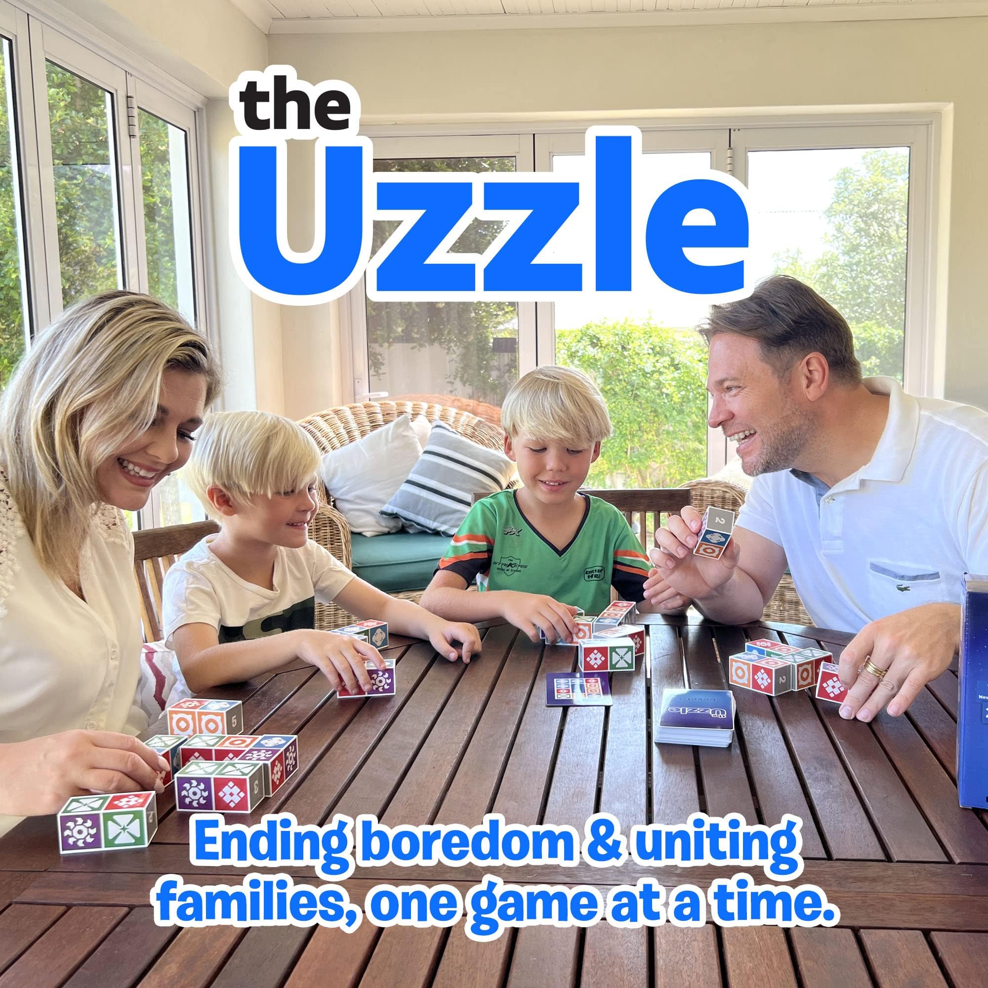 Family gameplay scene from The Uzzle 3.0 showing up to four players.