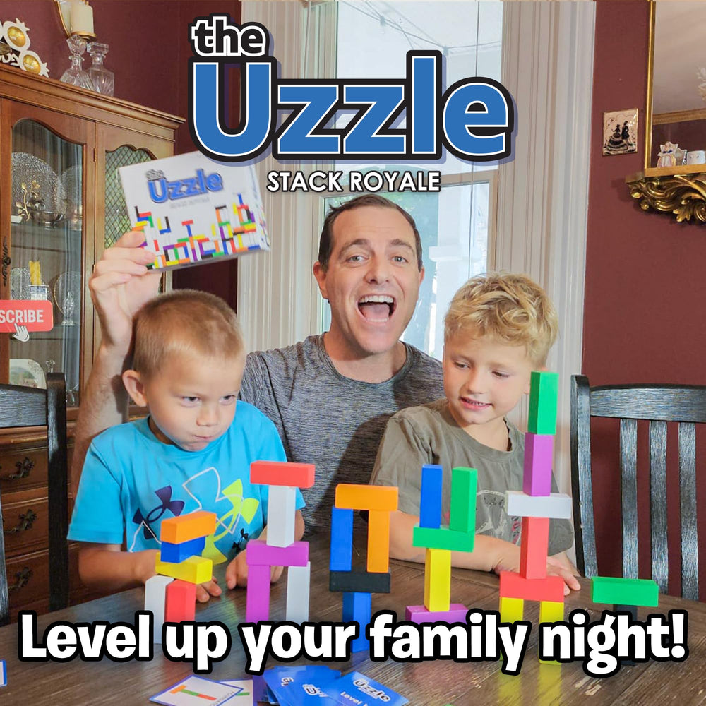 The Uzzle Stack Royale tabletop play setup on a family dining table.