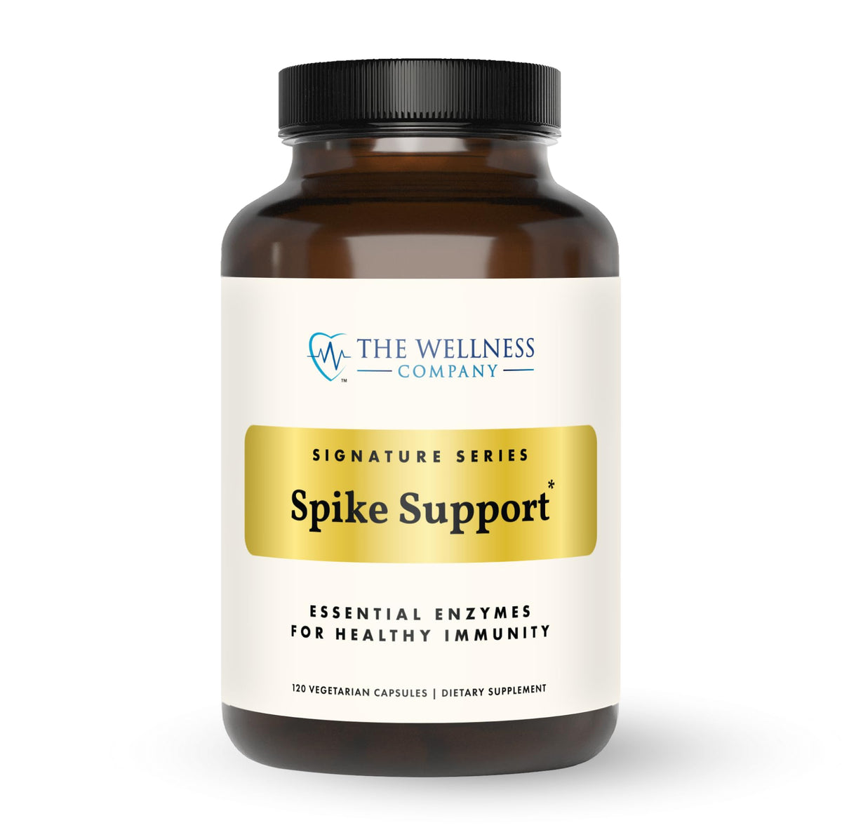 The Wellness Company Spike Support bottle showing capsules for immune and circulation support.